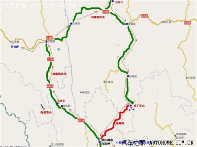 此行滇藏川路线示意图(红色箭头线为行进方向)