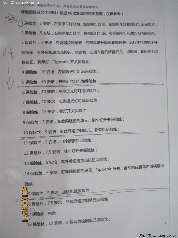 08款朗逸 1.6品轩自动款保险丝数据对照表(确认无误)