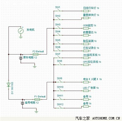 需要用原来汽车电瓶用电的设备是:日间行车灯,霹雳游侠灯,odb监控系统