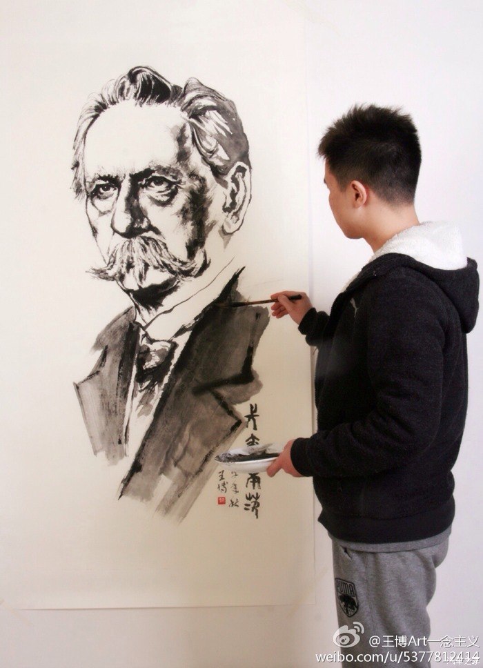 【图】青年画家王博创作卡尔·本茨肖像画