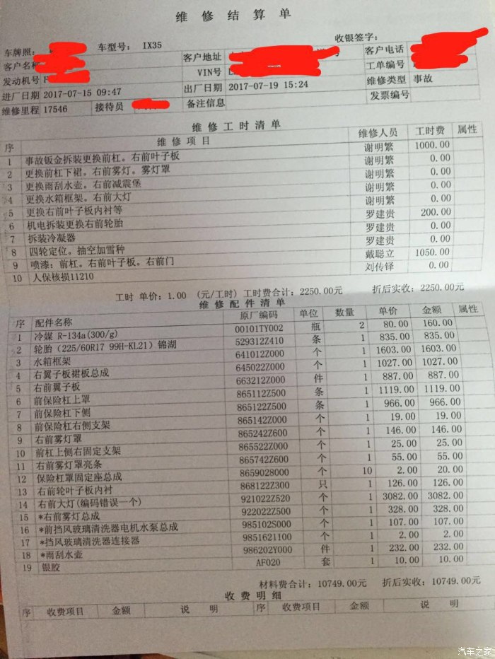 麻烦各位车友帮忙看看看这个维修清单,价格会不会太高了?