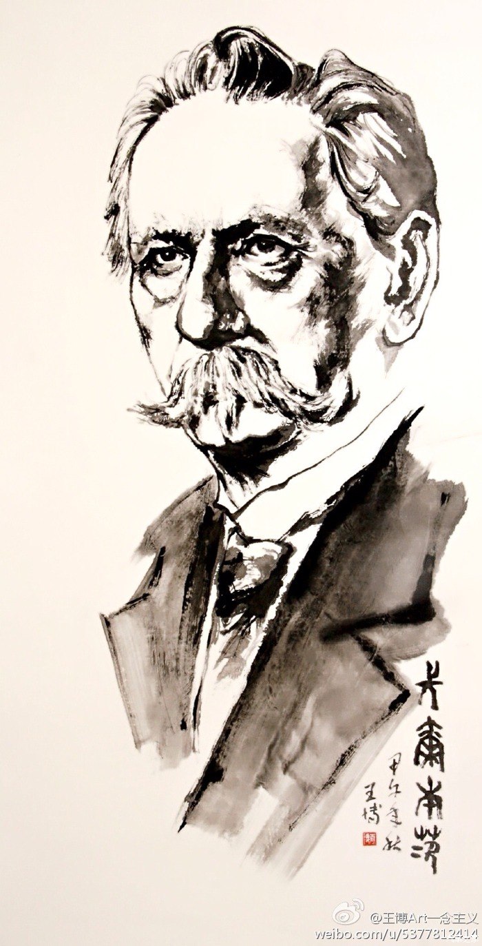 传播汽车文化青年画家王博创作卡尔本茨肖像画