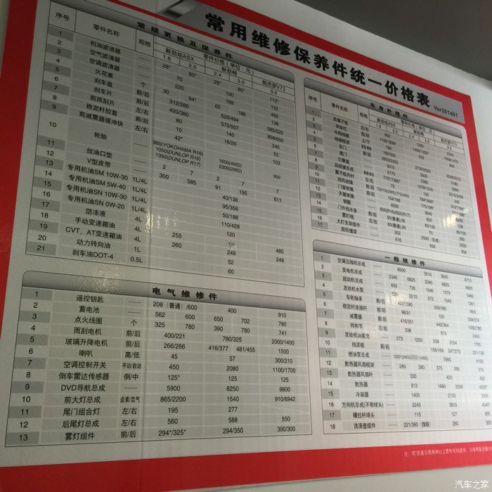 求4s店保养维修价格清单